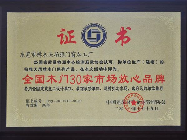 全国木门30家市场放心品牌